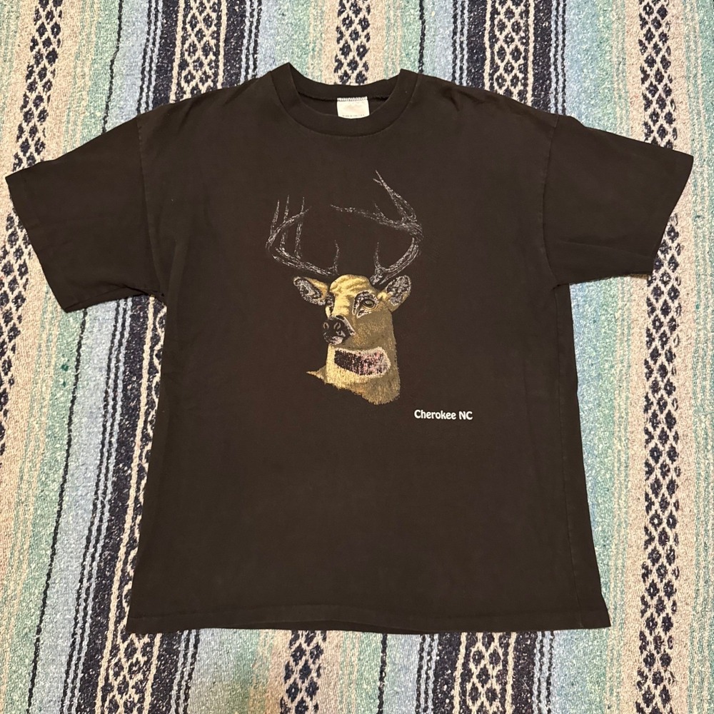 Vintage Smoky Mountain Ts Cherokee NC Deer Buck Graphic T-Shirt Mens Large Black